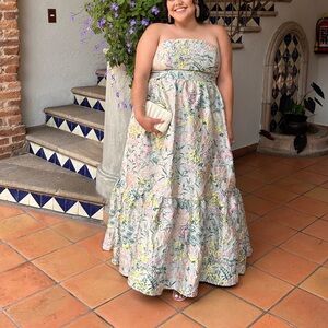 Mac Duggal Multicolor Strapless Floral Brocade A-Line Gown